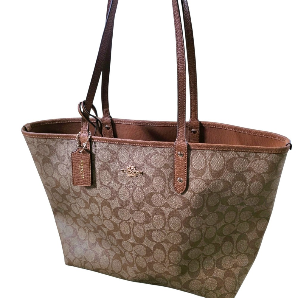 Coach City Tote Bag Womens Large Brown Signature Reversible Leather With Wallet